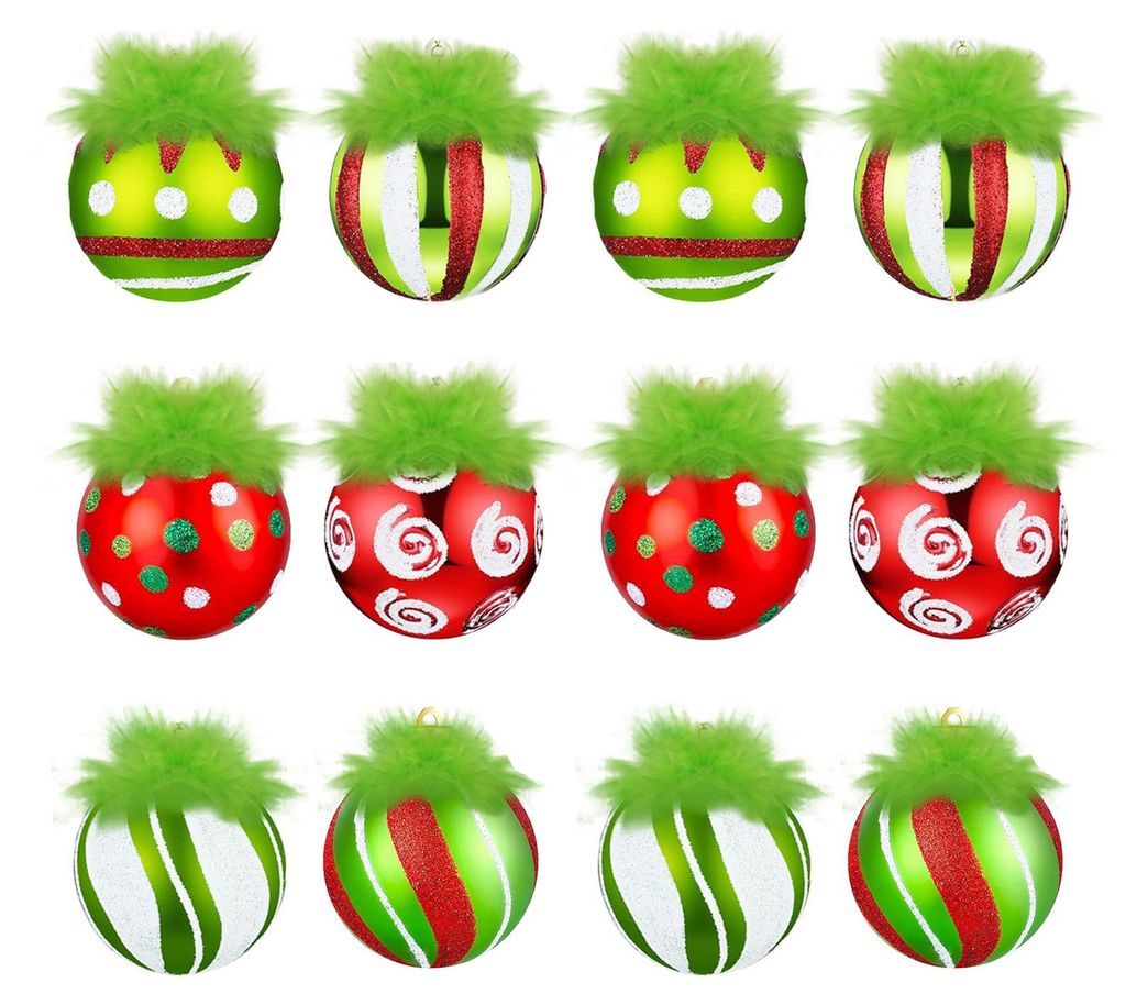 2,4 Zoll große Weihnachtskugel mit flauschigem grünem Haar, glitzernde hängende Elfenkugel, rot-grüne Kunststoffkugel für Weihnachtsbaum- und ...