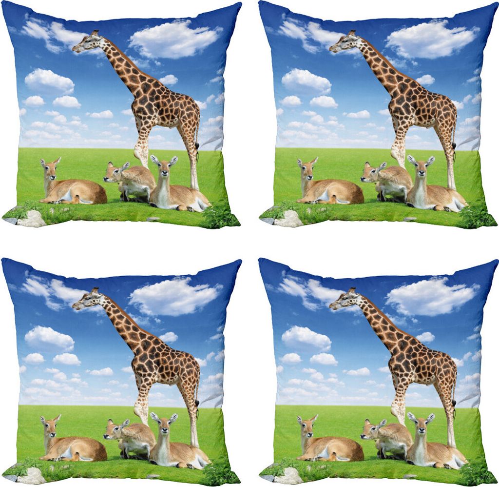 ABAKUHAUS Giraffe Kissenbezug Set (4 Stück), Zoo Tiere, Moderner Doppelseitiger Digitaldruck, 40 cm x 40 cm, Weiß Blau Braun
