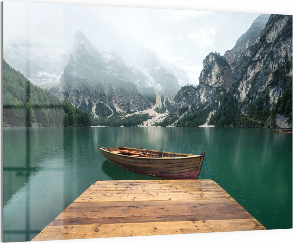 DEQORI Magnettafel Glas 120x90 cm 'Bergsee und Bootsteg' beschreibbar Whiteboard