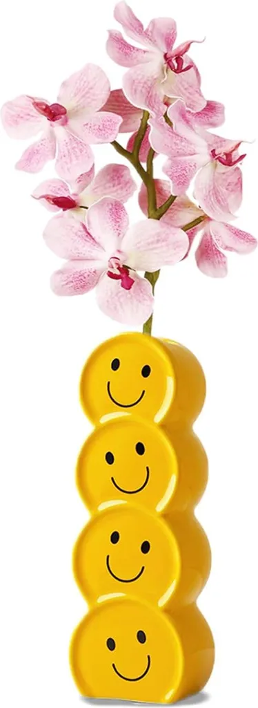 Décoration bureau : pot de fleurs jaune visage souriant en céramique