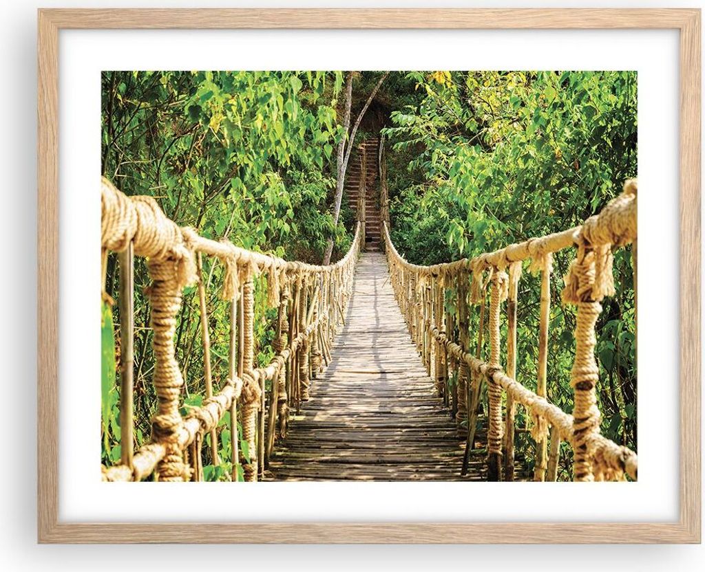 Gerahmtes Poster - Rahmen in heller Eiche - Brücke Seil Dschungel - 50x40 cm - Wand Bild - Wanddeko - Wandbilder - Wandposter - Bilderrahmen - Bil...