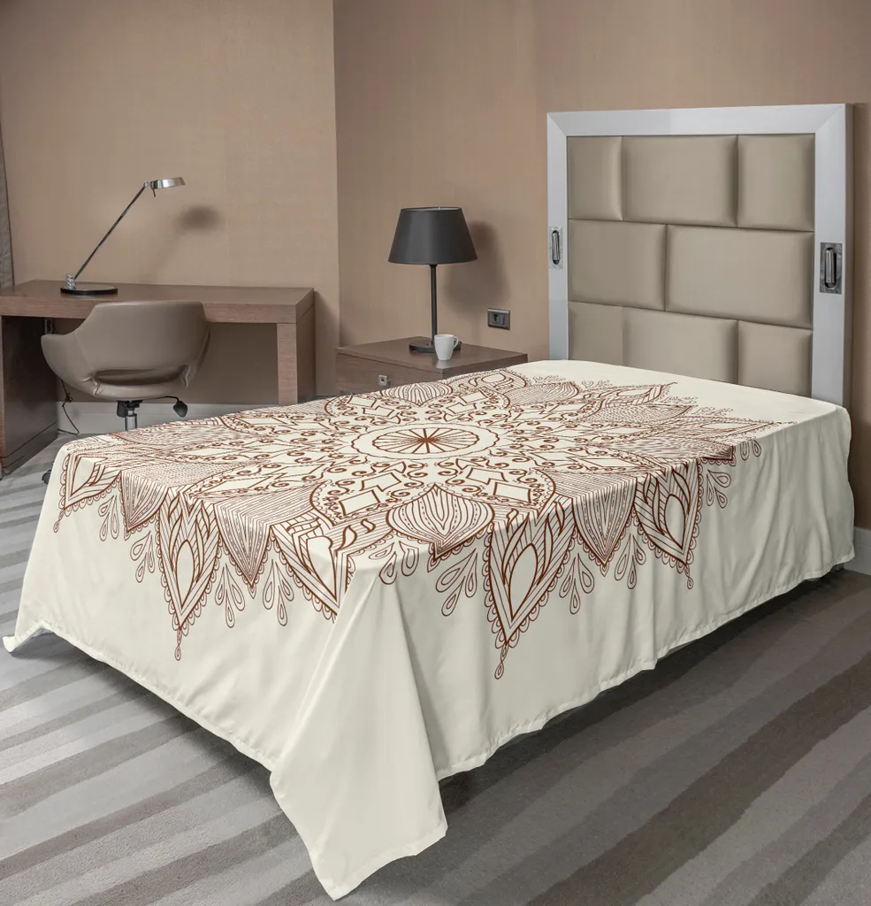 ABAKUHAUS Lenzuolo beige, Mandala Flower Etnico Pizzo Cerchio Ornato Motivo retrò Universo orientale Artistico, morbido e confortevole lenzuolo superiore per un letto decorativo 1 pezzo 190 cm x 100 cm, Marrone Avorio