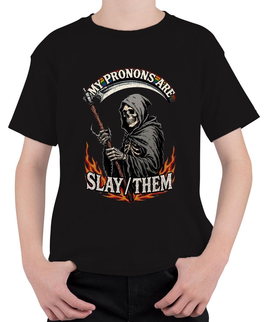 My Pronouns Are Slay Them Grim Reaper Skelett Regenbogen Pride Uni Kinder T-Shirt, Schwarz, 104