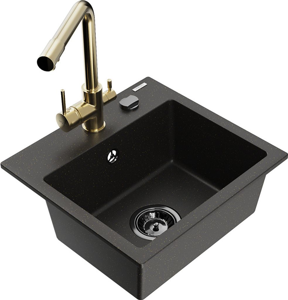 Mexen Milo 1-Becken-Granit-Spüle mit Mischbatterie Duero, Schwarz/Gold metallisch - 6505-75-671600-50-B