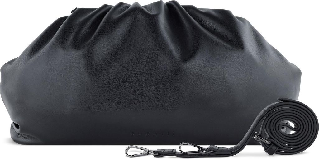 A black clutch bag with a detachable strap is shown against a white background.