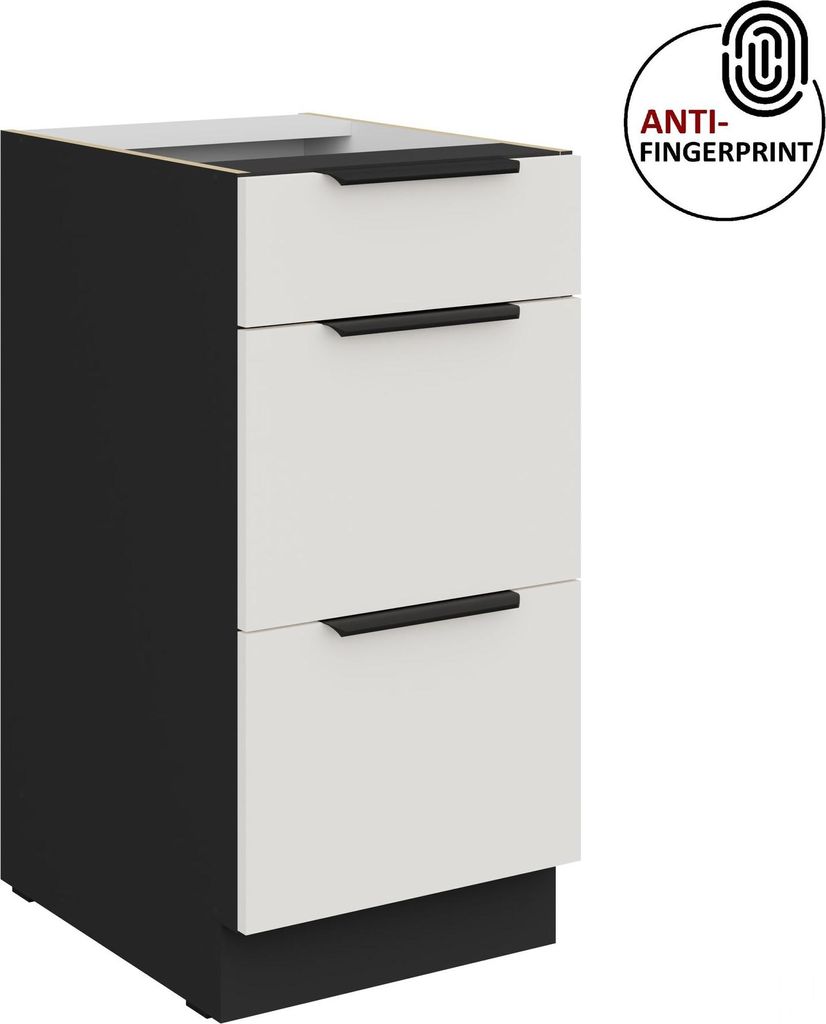 Küchen Unterschrank 40 cm Küche ARIA Weiss ultra matt + Schwarz matt, hochwertige Fronten mit Anti Fingerprint Beschichtung, Soft-Close Küchenze...