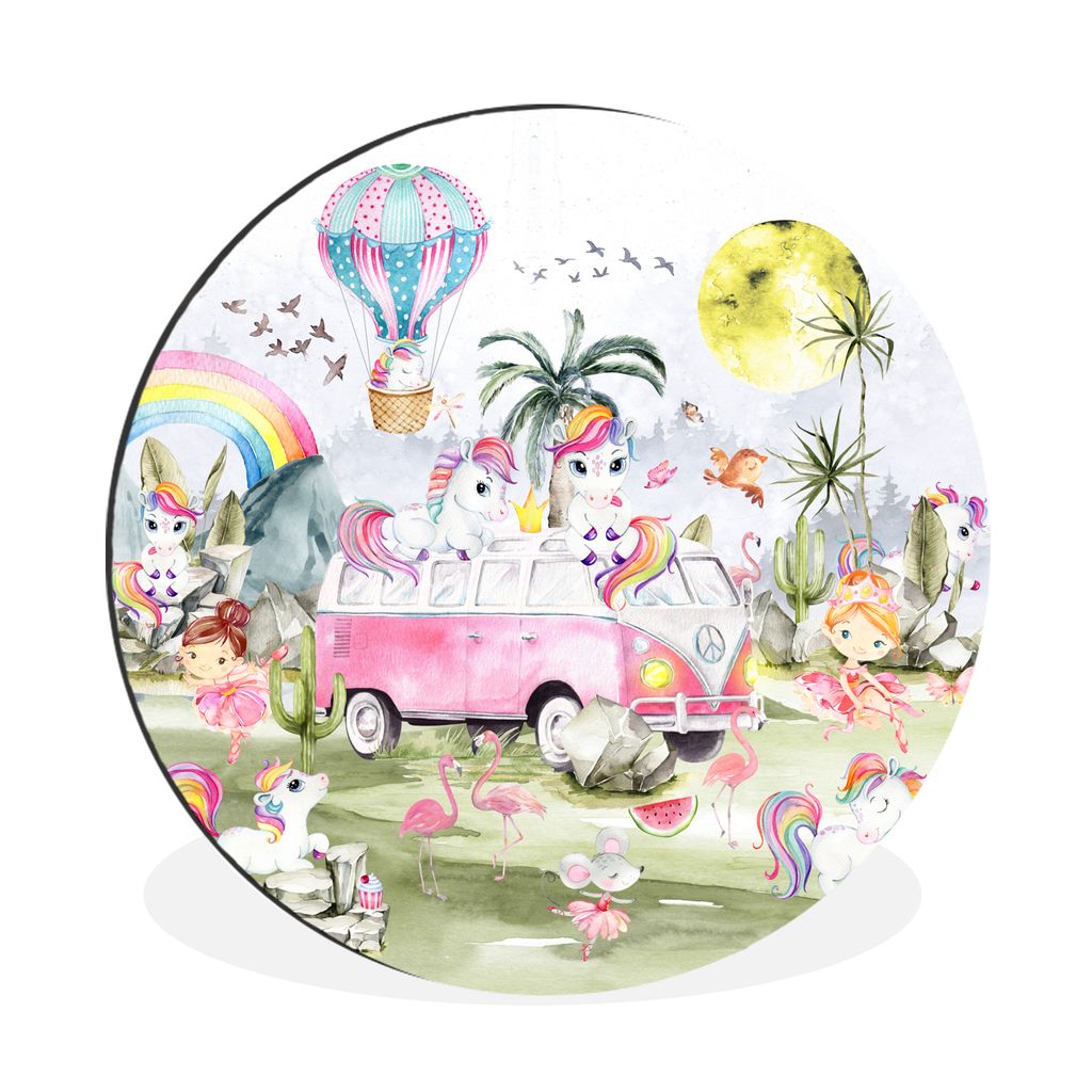 MuchoWow Aluminium Wandkreis Einhorn - Regenbogen - Kinder - Mädchen - Auto Ø 90 cm Wanddeko Modern Wohnzimmer - Mauerkreis - Wandbilder - Rund...