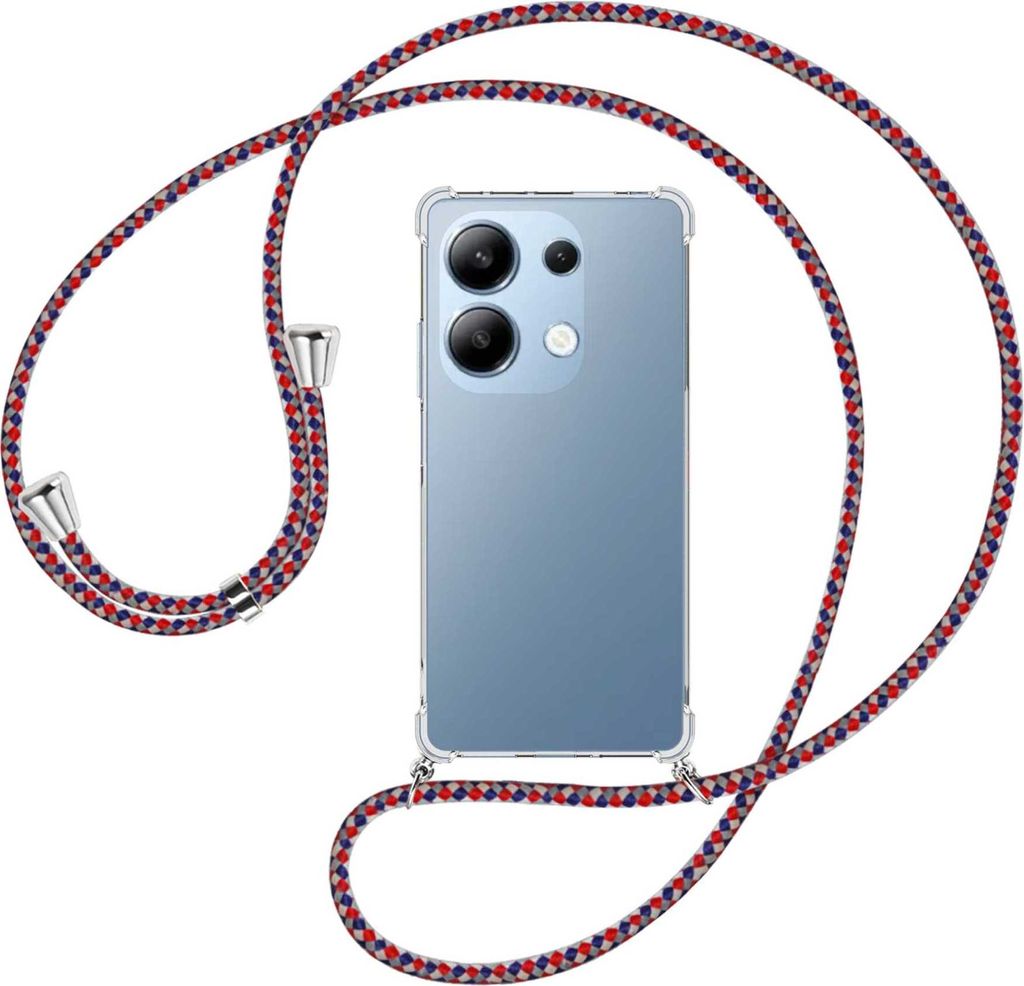 Handykette Backcover-Schutzhülle mit Band (Metall silberfarben) für Xiaomi Redmi Note 13 Pro 4G - silber/blau/rot