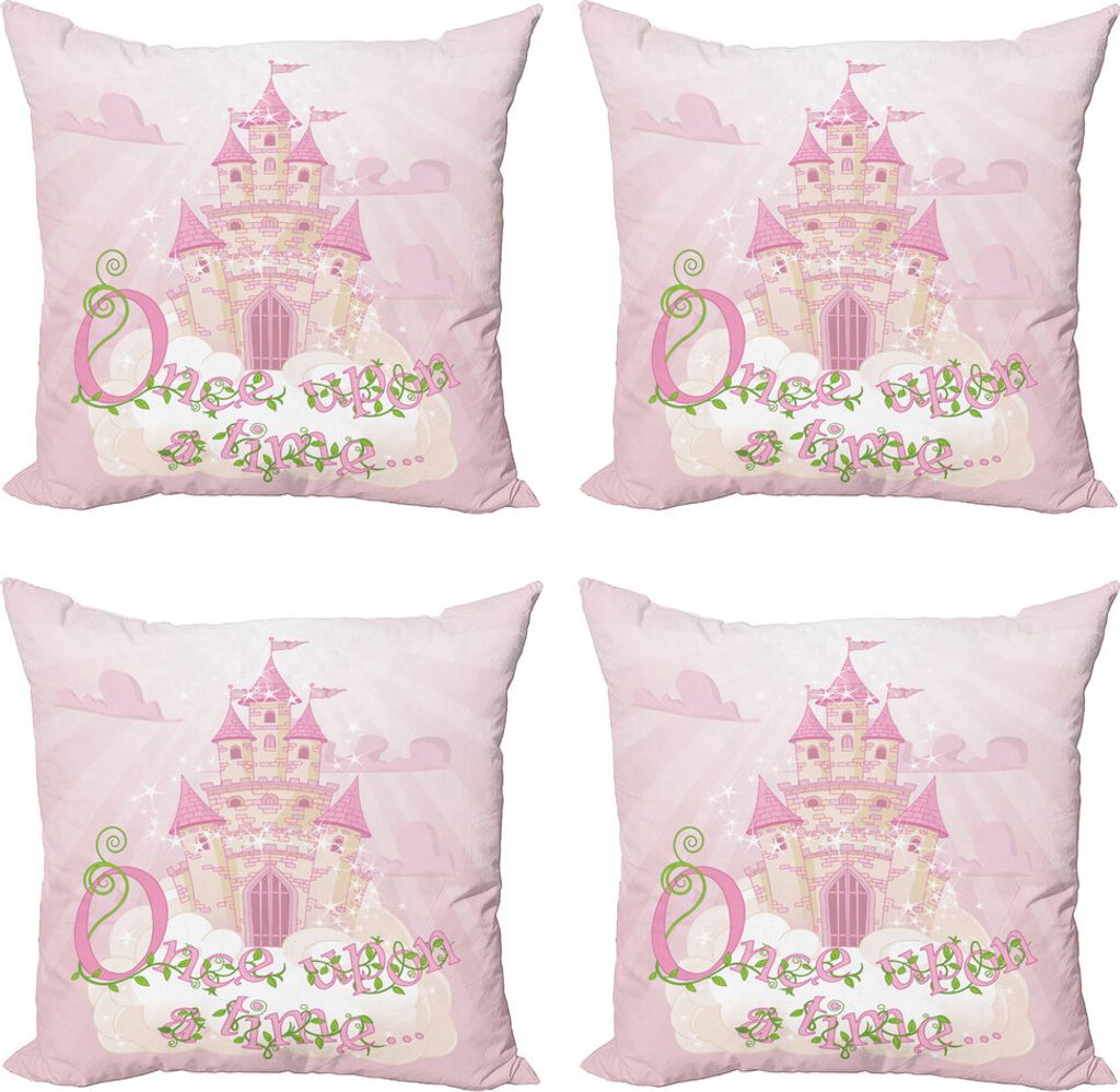 ABAKUHAUS Es war einmal Kissenbezug Set (4 Stück), Princess Castle, Moderner Doppelseitiger Digitaldruck, 45 cm x 45 cm, Rose Creme Grün