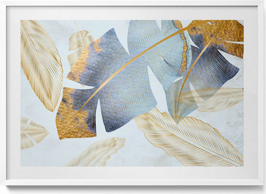 Glamour-Bananenblätter mit Gold– Wandbild mit Rahmen – Gerahmtes Bild – Wanddekoration – 100x70 cm – Weiß Rahmen