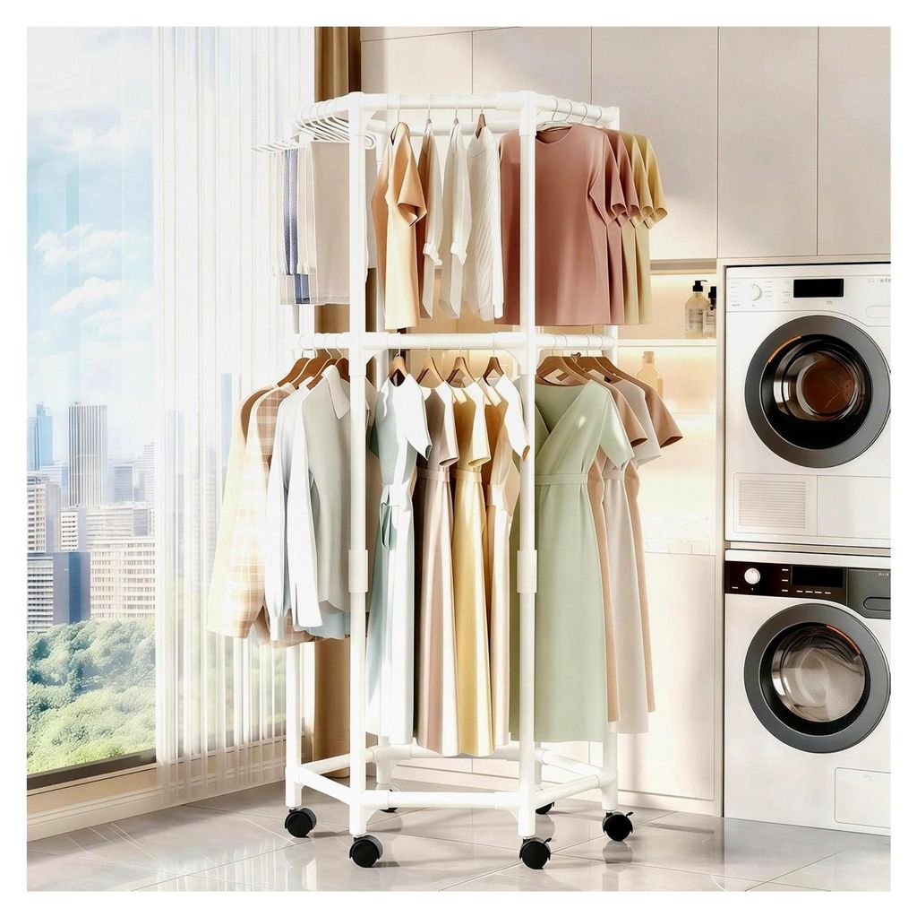 Sechseckiger, abnehmbarer Wäscheständer mit zwei Ebenen und 360-Grad-Drehung, für Zuhause, Schlafzimmer, Balkon, als Garderobe, Weiß