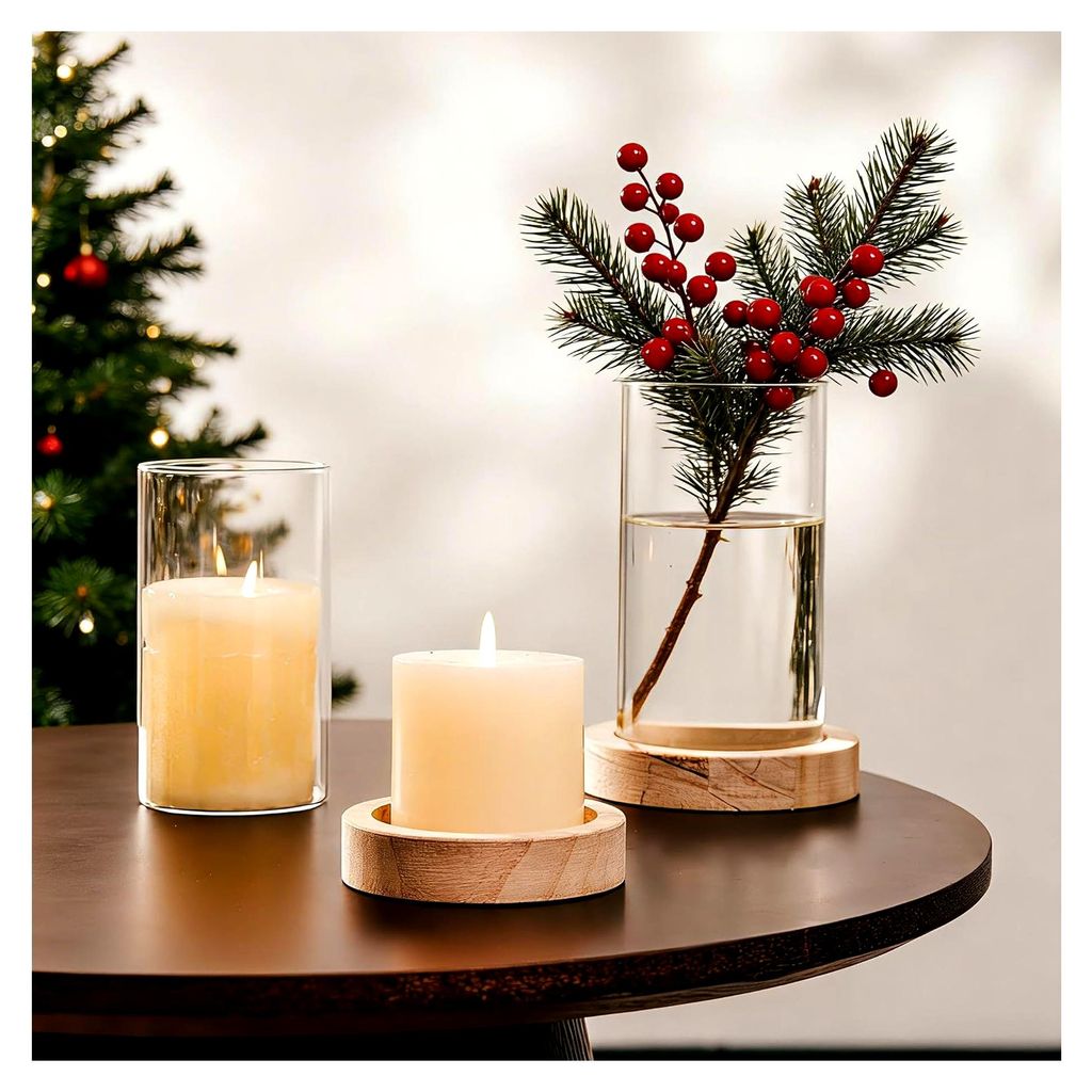 Windlicht aus Glas für Wohnzimmerdekoration: Holzkerzenständer und Kerzenhalter im 2er Set für Outdoor, Tischdekoration, Badezimmer, Esstisch, W...