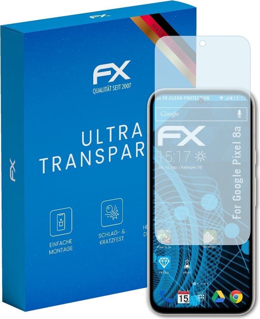 atFoliX FX-Clear 3x Schutzfolie kompatibel mit Google Pixel 8a Displayschutzfolie