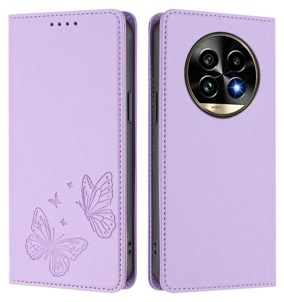 Lederhülle für Realme 13 Pro /Realme 13 Pro+ 5G, Schmetterling Prägung Leder Brieftasche Schutzhülle mit Ständer Violett