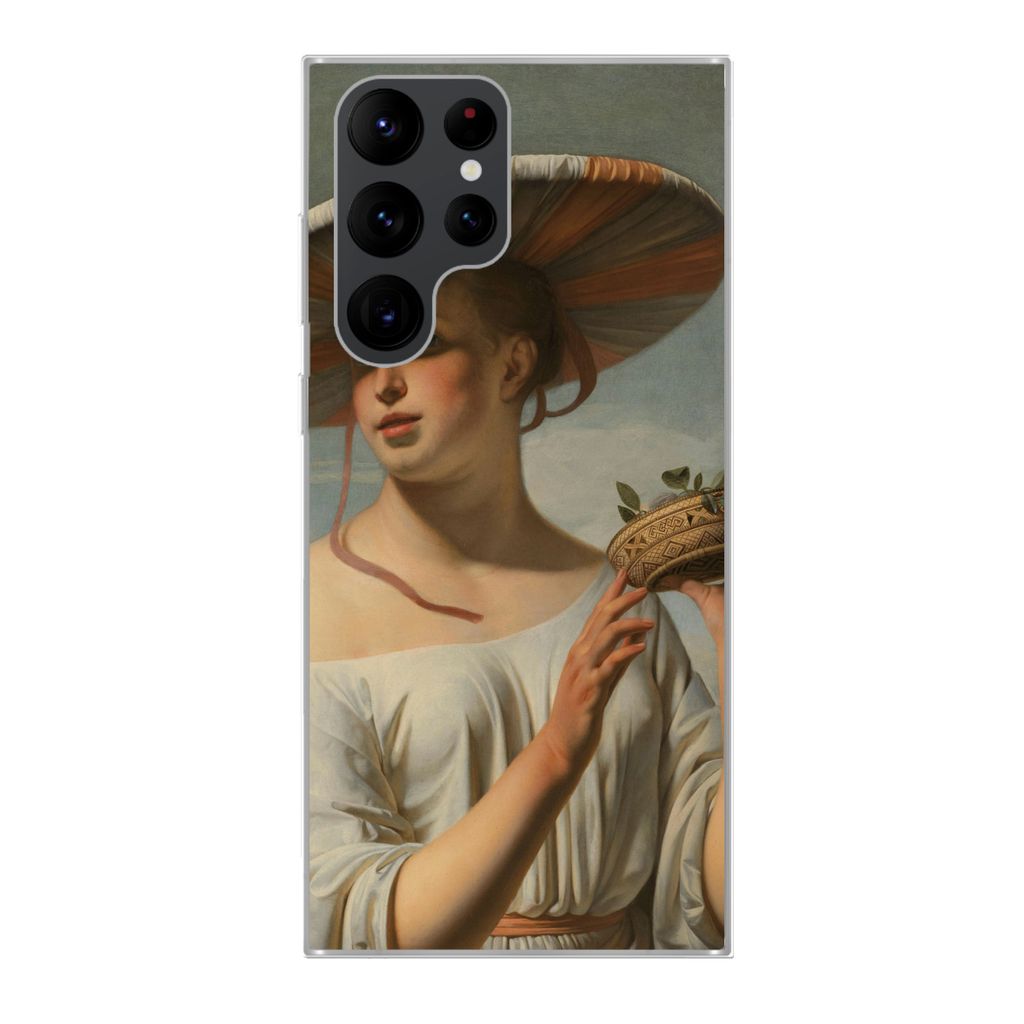MuchoWow Handyhülle Schutzhülle Hülle für Samsung Galaxy S22 Ultra Mädchen mit breitem Hut - Gemälde von Cäsar Boëtius van Everdingen Sil...