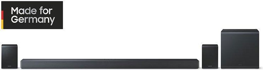 A soundbar system with a subwoofer and two rear speakers, presented on a white background with a 'Made for Germany' badge.