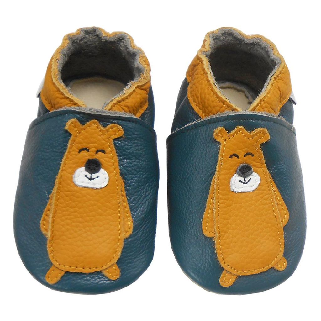 BEMUSE Baby Krabbelschuhe aus Echtleder,weiche Lauflernschuhe für Mädchen&Jungen, rutschfeste Ledersohle,Dunkelgrün,Bärenmotiv, Größe M (6...