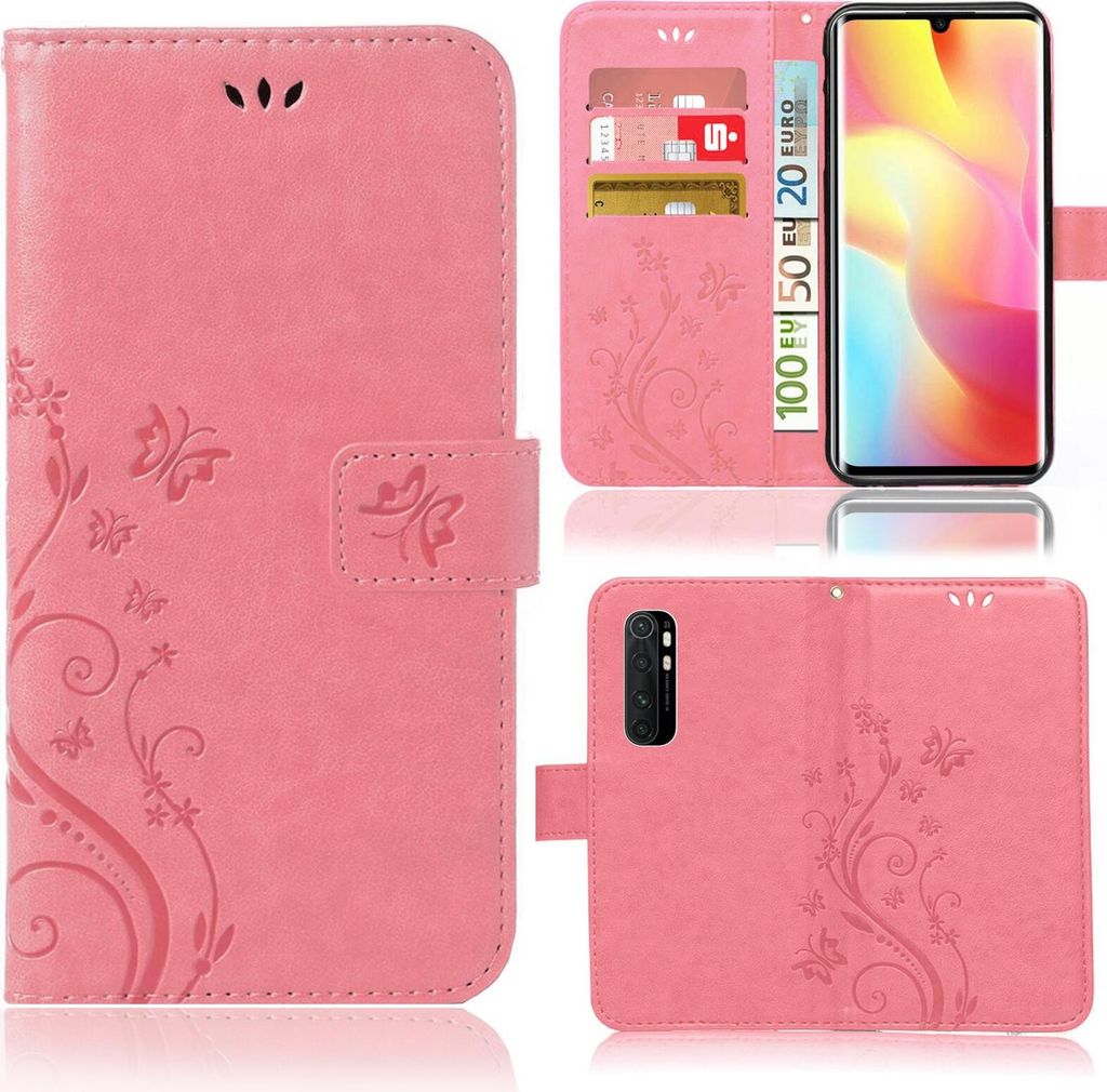 Handy Tasche für Xiaomi Mi Note 10 Lite Schutz Hülle Handyhülle mit Blumenmuster Klapp Hülle mit Standfunktion und Kartenfächer Rosa
