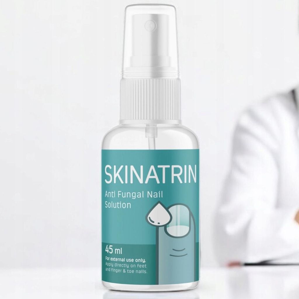 A bottle of Skinatrin anti-fungal nail solution is shown against a white background.
