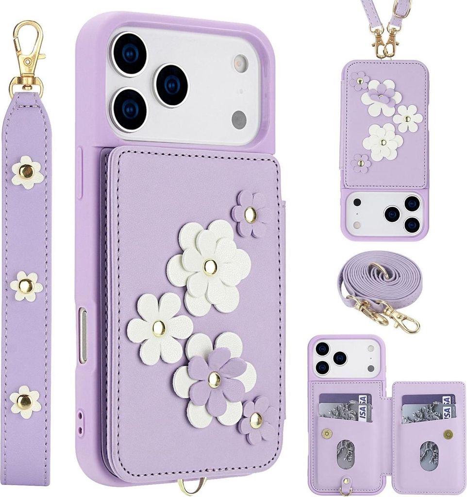 Crossbody Kunstleder Hülle für Apple iPhone 17 Pro mit Blumenmotiv & Kartenfach Lila