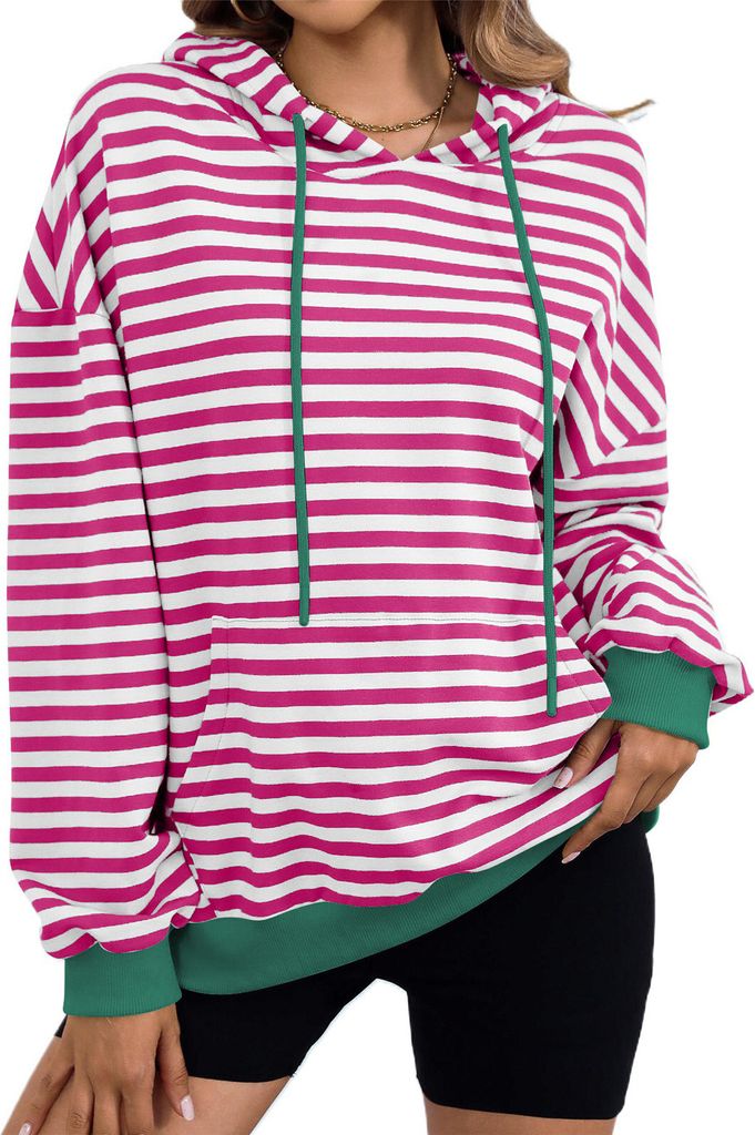 ASKSA Damen Kapuzenpullover Oversized Gestreift Farbblock Rundhals Hoodie Oberteile Y2K Sweatshirt mit Taschen (Rosenrot,M)