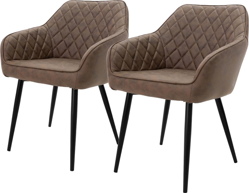 Two brown dining chairs with diamond stitching and black metal legs are shown against a white background.