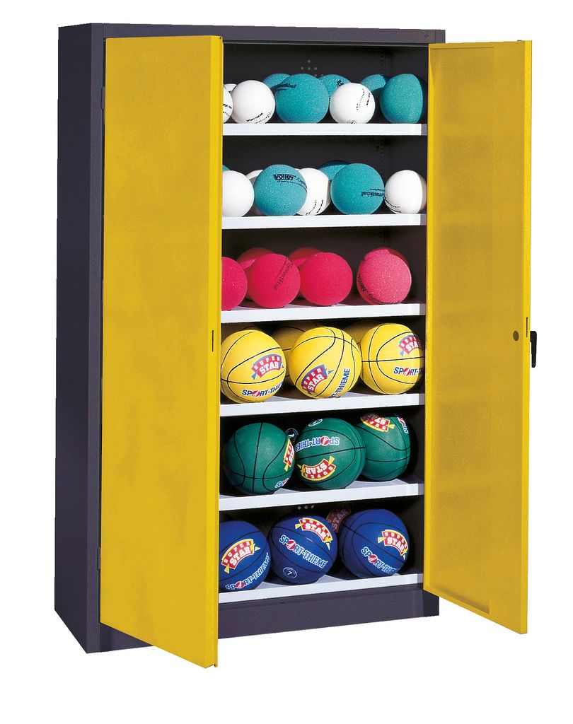 C+P Ballschrank mit Vollblech-Flügeltüren (Typ 3), HxBxT 195x120x40 cm, Verkehrsgelb (RAL 1023), Anthrazit (RAL 7021), Gleichschließung