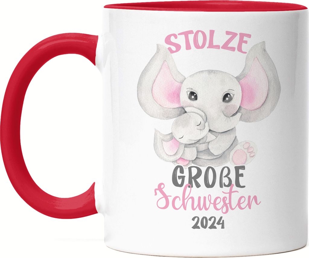 Stolze Große Schwester 2024 Tasse Rot Elefanten Liebe Familie Schwestern Zusammenhalt Geschwister Geborgenheit