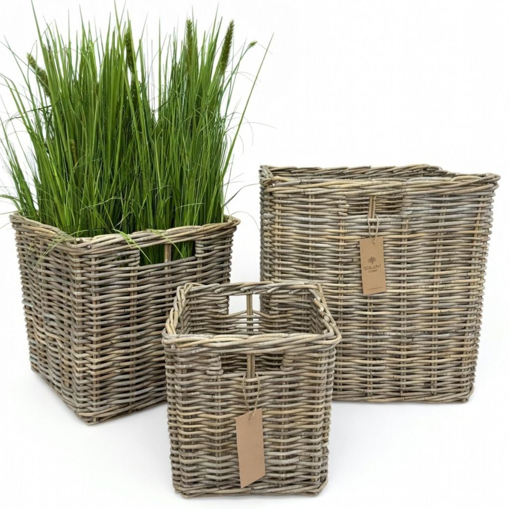 Panier en rotin lot de 3 Kubu gris carré avec film – Image du produit 