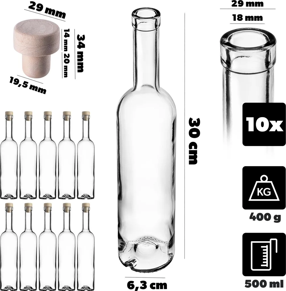 Bouteilles à Liqueur en Verre 500ml Robustes avec Bouchons - 10 pcs