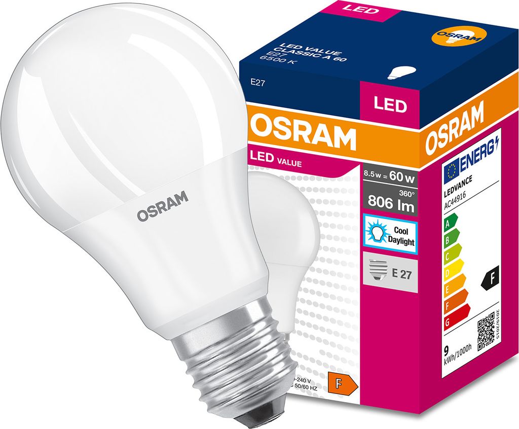 A product shot of an Osram LED light bulb and its packaging.