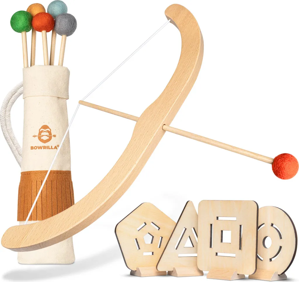 Arc enfant BOWRILLA en bois naturel avec 5 flèches et 4 cibles incluses