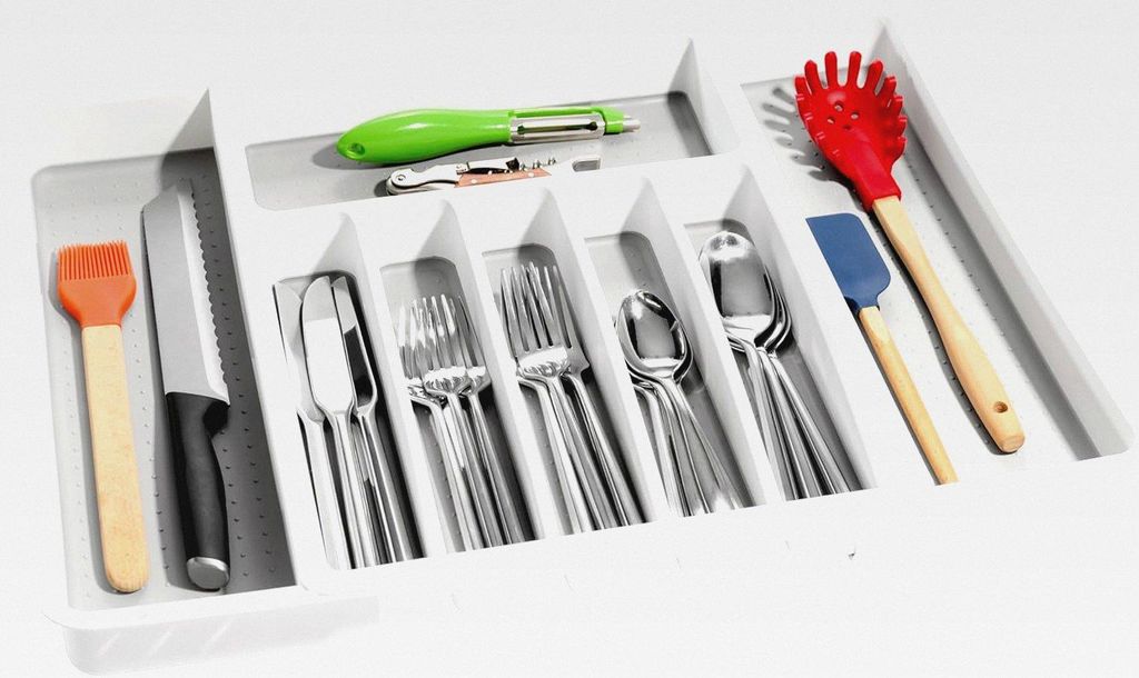 Erweiterbares Bestecktablett, klassisches Design, 8 Fächer, Symbole, um Besteck, Besteck, Utensilien zu sortieren, weiches Futter, BPA-frei, Weiß