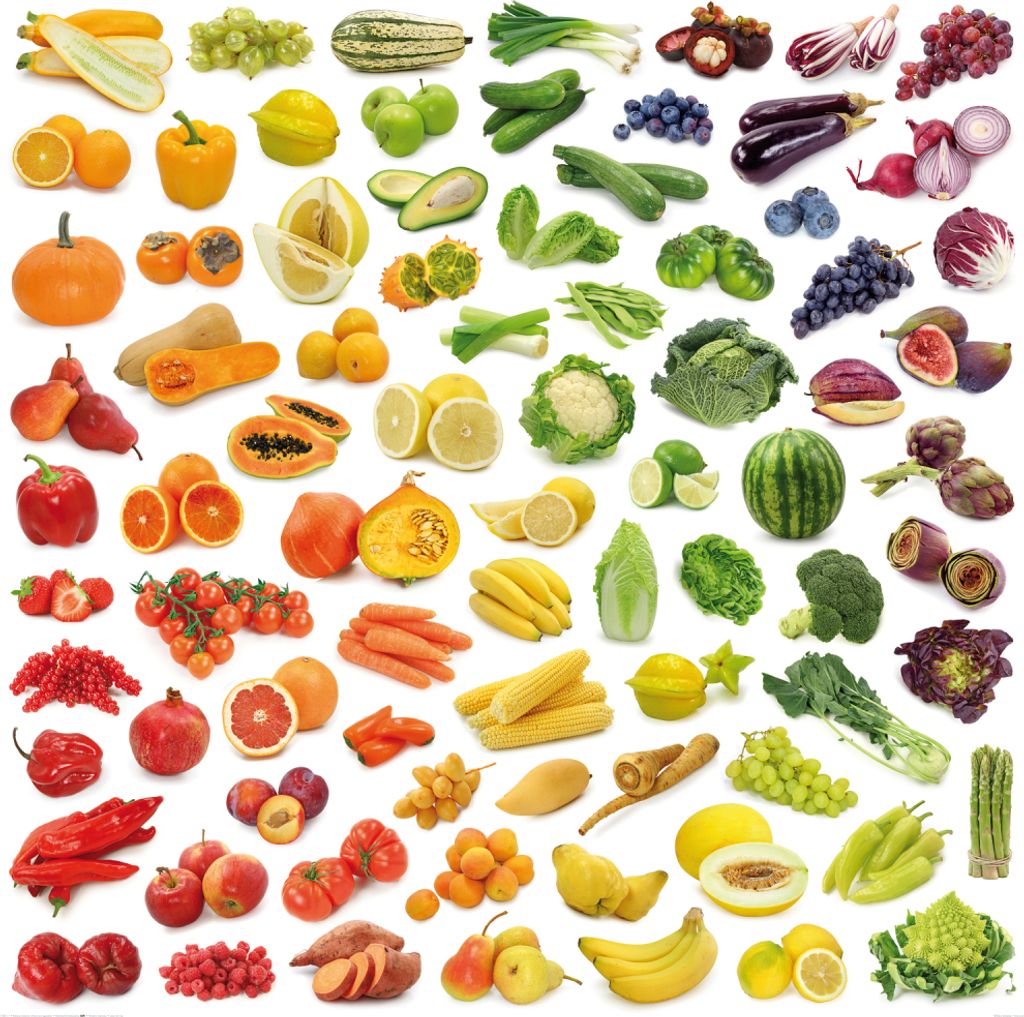 Kochkunst Kunstdruck Bild - Regenbogen Aus Obst Und Gemüse (100 x 100 cm)