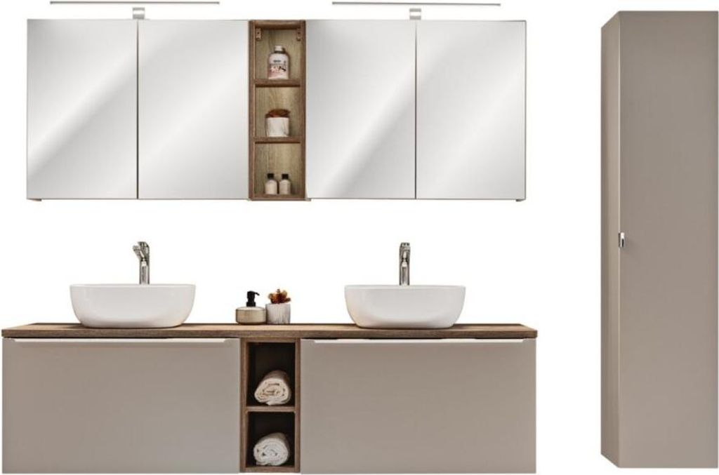 Set VANTA taupe: Unterschränke 180cm + Aufsatzwaschbecken + Stauraummöbel + Spiegel + LEDs