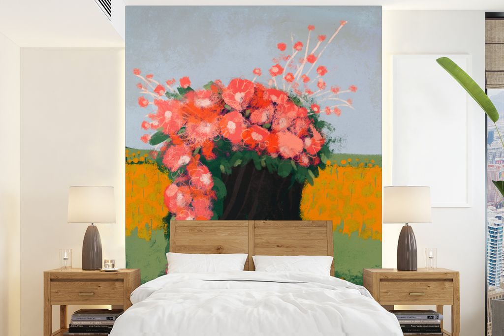 MuchoWow Fototapete für Wohnzimmer oder Schlafzimmer Wandtapete Vinyl Motivtapete Porträt - Blumen - Frau - Rot - 175x240 cm - Schlafzimmertapete