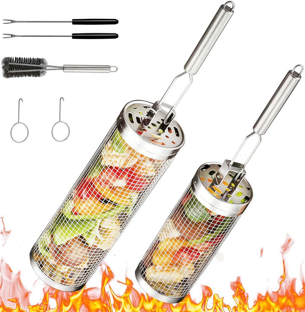 2 Stück Rolling Grillkorb, Rollender Grillkorb Zylindrisch aus Edelstahl, BBQ Grillzubehör für Camping und Terrassengrills Freien