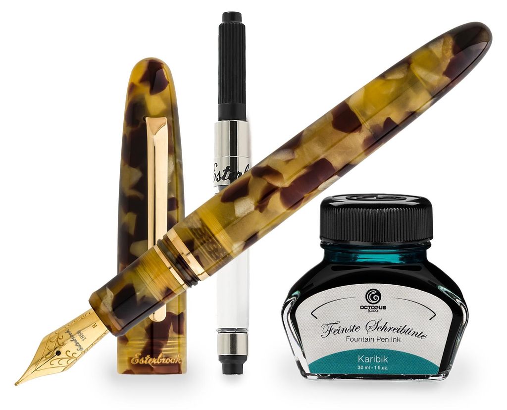 Esterbrook Estie Tortoise Gold Trim Füllhalter, Patronenfüllhalter mit 30ml Tinte Karibik