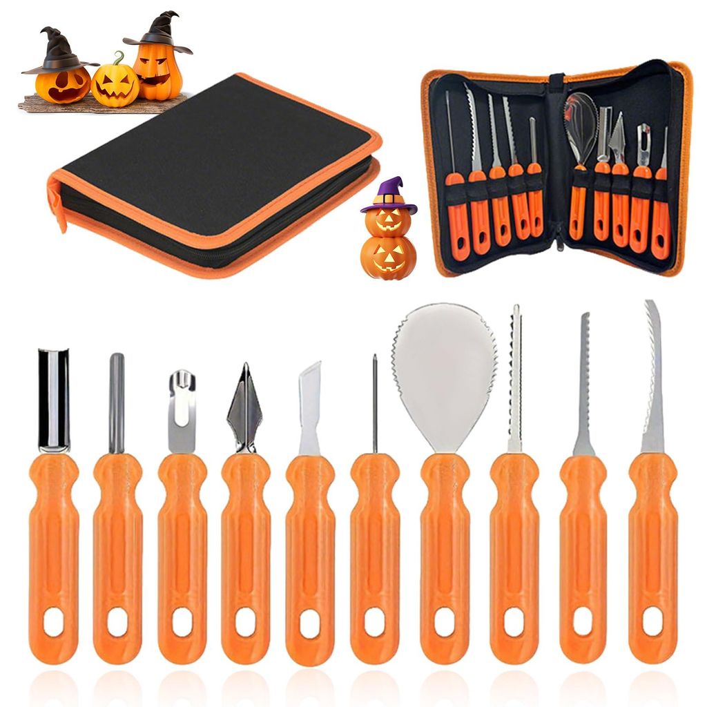 Kürbis-Schnitzset, 10-teilig, orange-schwarz, Etui 22x15 cm