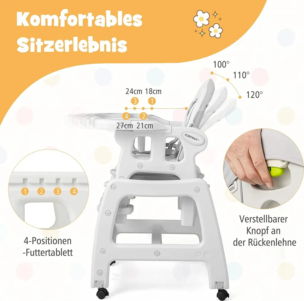 Chaise Haute Transformable Bébé Grise Multi-fonctions avec Plateau Amovible