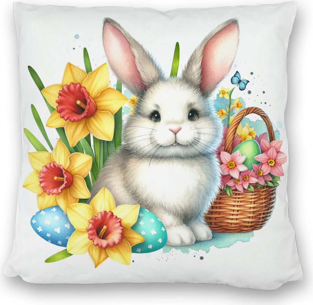 Niedlicher Osterhase mit Osterglocken Kissen satiniert