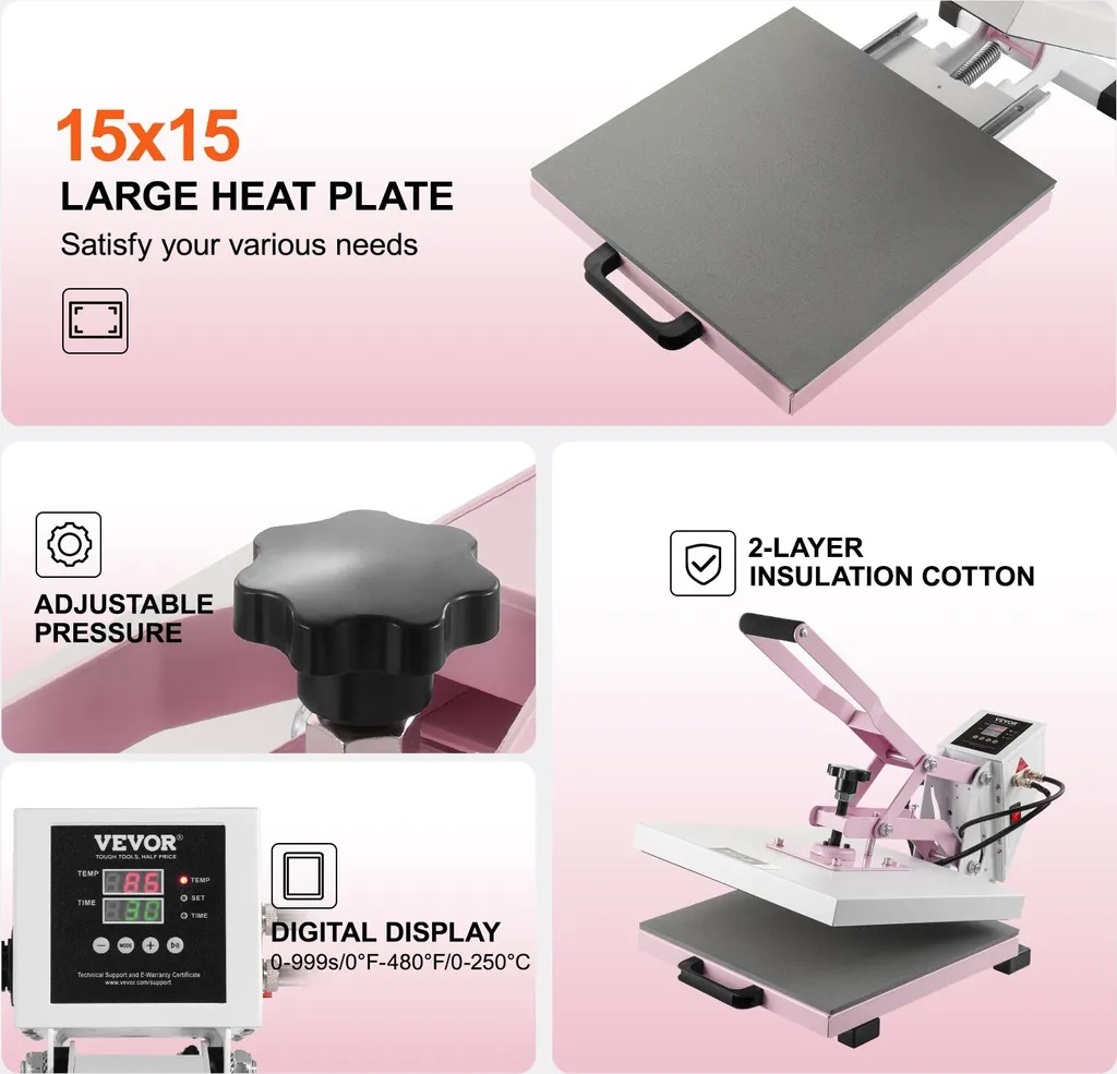 Presse extensible 38x38cm rose : machine à chaud pour flocage textile - 5