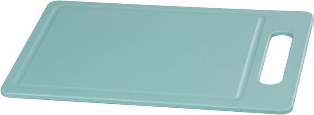 A teal cutting board with a handle is shown against a white background.