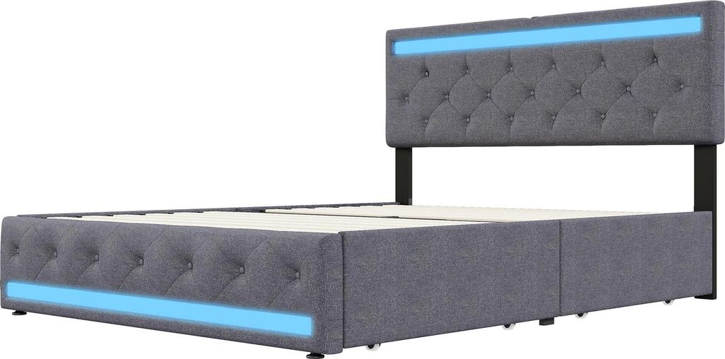 Doppelbett - Polsterbett mit Stauraum - 180×200 cm - LED-Beleuchtung - 4 Rollschubladen - USB-Ladeanschlüsse - Holzrahmen - Kopfteil
