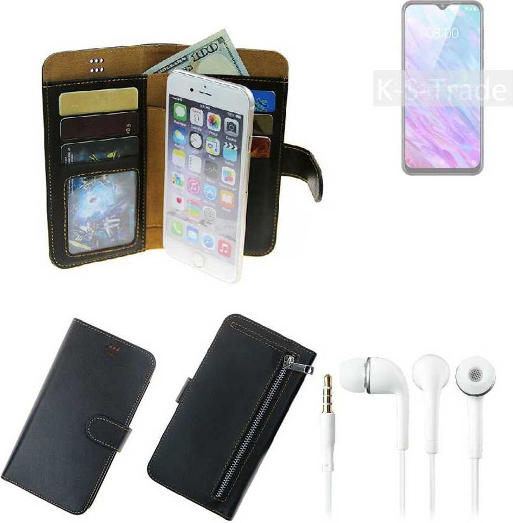 TOP SET Handy Hülle Schutz Hülle kompatibel mit ZTE Blade 20 Smart schwarz aus Kunstleder + Kopfhörer Smartphone Tasche vollwertige Geldbörse