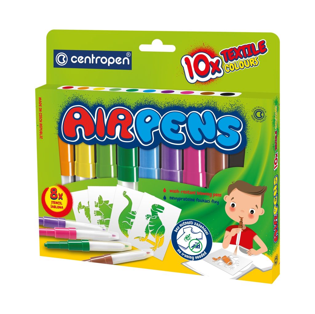 A product box for textile air pens with illustrations of dinosaurs and a child using the pens.