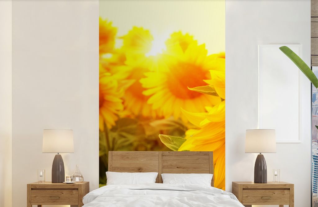 MuchoWow Fototapete für Wohnzimmer oder Schlafzimmer Wandtapete Vinyl Motivtapete Sonnenblume - Gelb - Blumen - Sonne - 120x240 cm - Hintergrund...