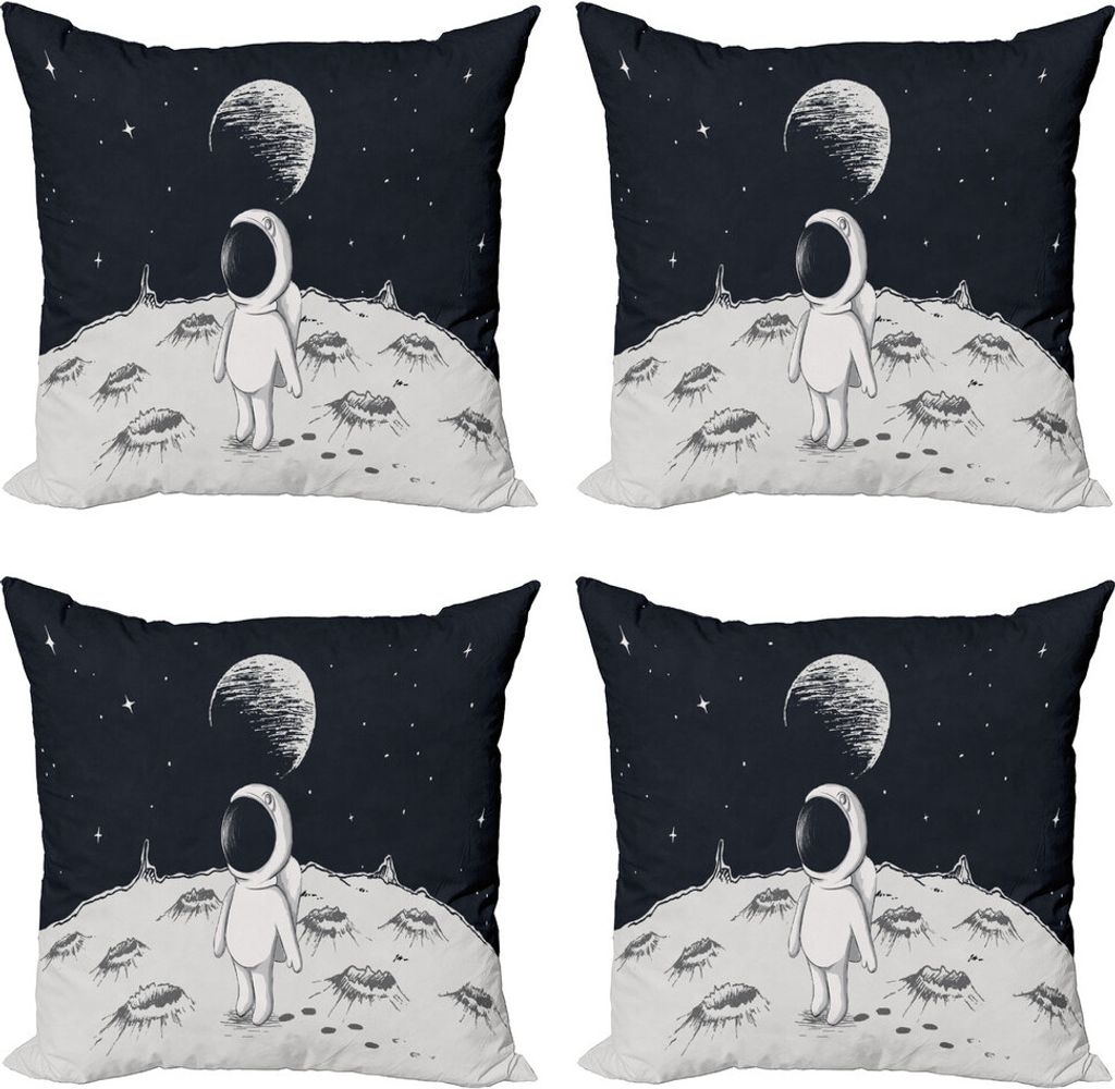 ABAKUHAUS Astronaut Kissenbezug Set (4 Stück), Space Kinder glücklich, Moderner Doppelseitiger Digitaldruck, 40 cm x 40 cm, Schwarz-Weiss