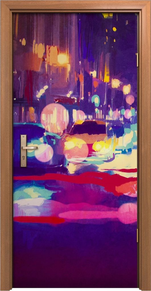 Türposter 90x200 cm Türaufkleber Türtapete Türfolie Klebefolie Autos Straße Stadt Nacht dunke bunte