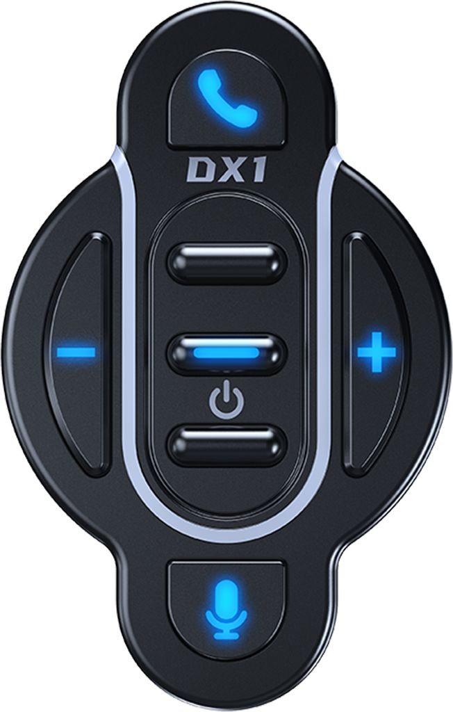 A close-up, top-down view of a black motorcycle handlebar remote control with illuminated blue buttons and icons.